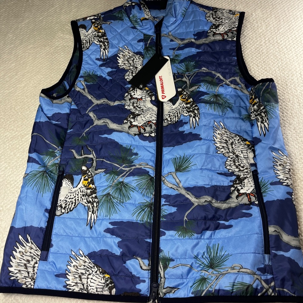 Greyson Clothiers Mens Primaloft Quilted Vest Blue Raptor Eagle Print Medium NEW